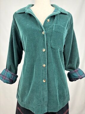 L.L.Bean Green Corduroy Button Up Shirt Plaid Lined Casual Travel Layer Size M